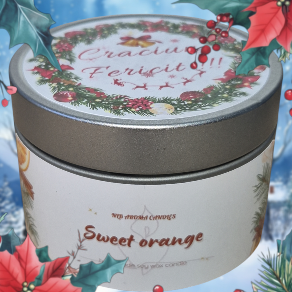 Lumanare Parfumată din Ceară de Soia – Sweet Orange, în Cutie Metalică "Crăciun Fericit" 140g [3]