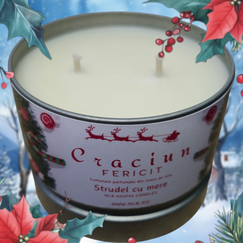Lumanare Parfumată din Ceară de Soia – Strudel cu Mere, în Cutie Metalică "Crăciun Fericit" 140g [3]