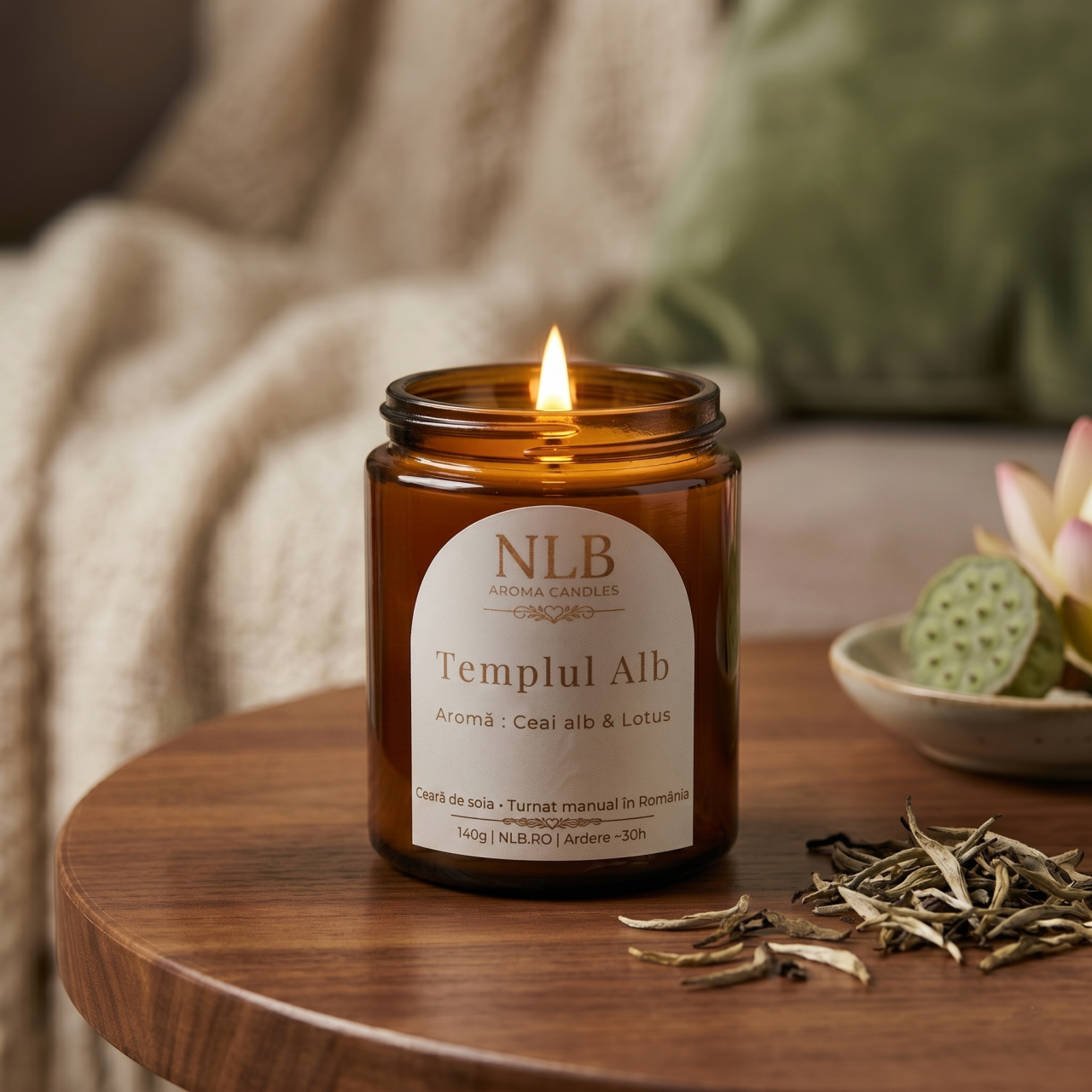 Lumânare Parfumată din Ceară de Soia "Templul Alb" - Ceai Alb & Lotus, 140g [2]