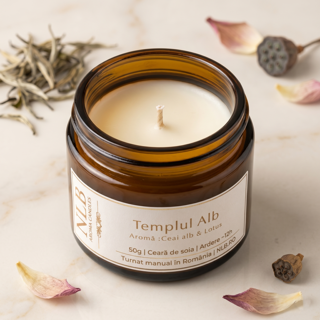 Lumânare Parfumată din Ceară de Soia "Templul Alb" - Ceai alb & Lotus, 50g [4]