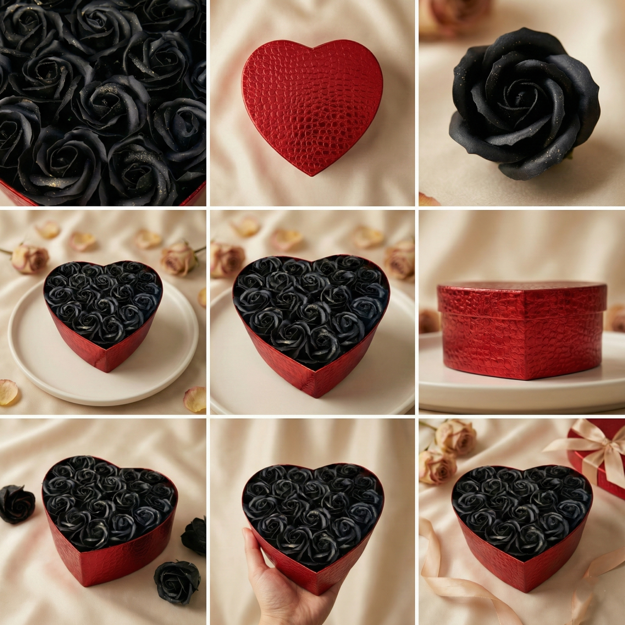 Midnight Glam 23 Trandafiri sapun Pudrați de Lux: Negri cu Praf Auriu - Cutie Roșie Piele [2]