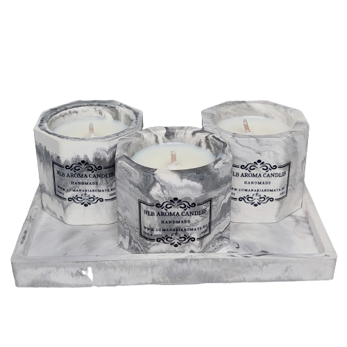 Set lumanari parfumate din ceara de soia, Musk & Sandalwood, Cardamom coffee, Amber & Sweet Orange, suport ceramic [1]