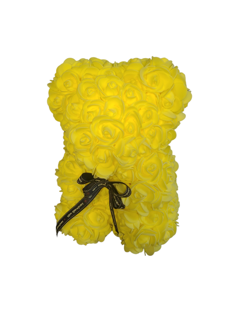 Ursulet din flori trandafiri de sapun, Galben, 25 cm, Handmade, Cutie transparenta [3]