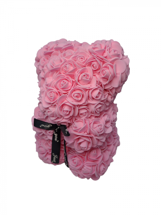 Ursulet din flori trandafiri de sapun roz 25 cm handmade cutie transparenta [2]