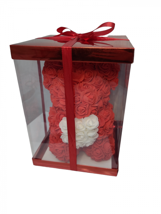 Ursulet din flori trandafiri de sapun rosu si alb 25 cm handmade cutie transparenta [3]