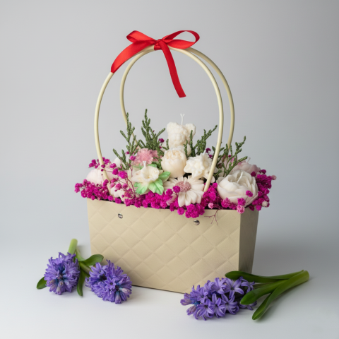 Lumanari Parfumate - Aranjament cadou flori din ceară de soia , parfum zambilă, turnat manual, cutie tip poșetă