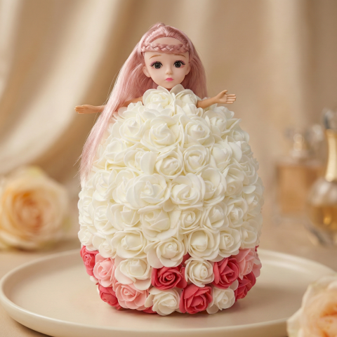 Cadouri pentru Ziua Îndrăgostiților - Aranjament Floral: Papusa cu Rochiță din Trandafiri de Sapun 25cm