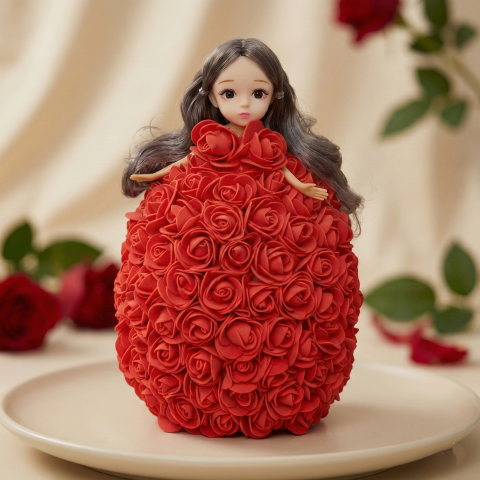 Cadouri pentru Ziua Îndrăgostiților - Aranjament Floral: Papusa cu Rochiță din Trandafiri de Sapun Rosu 25cm