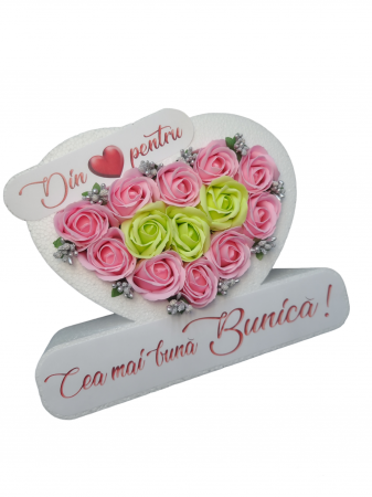 Aranjament trandafiri de sapun, Din inima pentru Cea mai buna Bunica, inima, 25cm, roz [2]