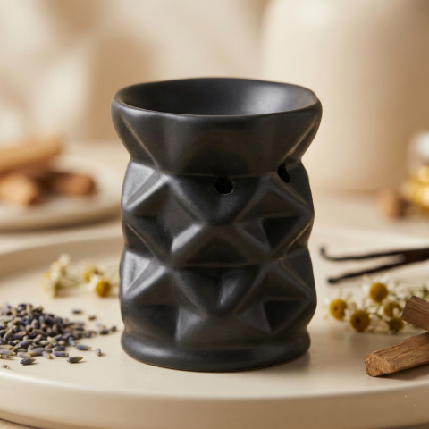 Aromaterapie - Aromatizor ceramic geometric – Negru mat stropit – Suport pentru ceară parfumată