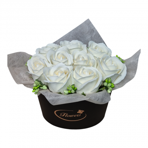 Aranjamente flori sapun - Eternal White –Cadou Aranjament  9 trandafiri sapun albi
