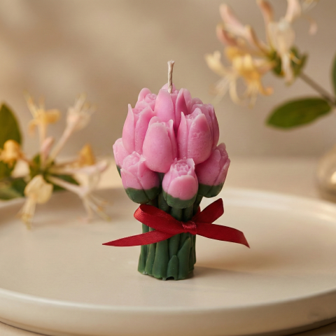 Cadouri pentru Ziua Îndrăgostiților - Lumânare Decorativă „Buchet de Lalele Lila” – Aromă de Caprifoi – Ceară de Soia