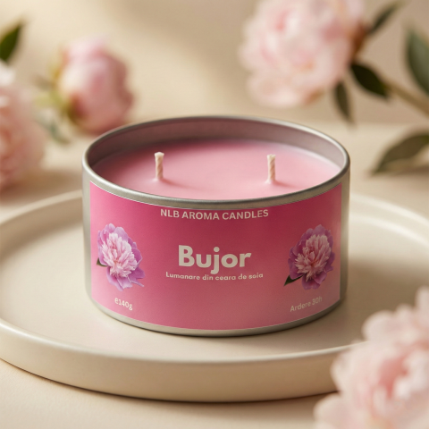 Cadouri pentru Ziua Îndrăgostiților - Lumânare Parfumată Bujor – Handmade din Ceară de Soia, 140g
