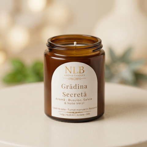 Lumânări din Ceară de Soia - Lumânare Parfumată din Ceară de Soia "Grădina Secretă" - Busuioc, Salvie & Note Verzi, 140g
