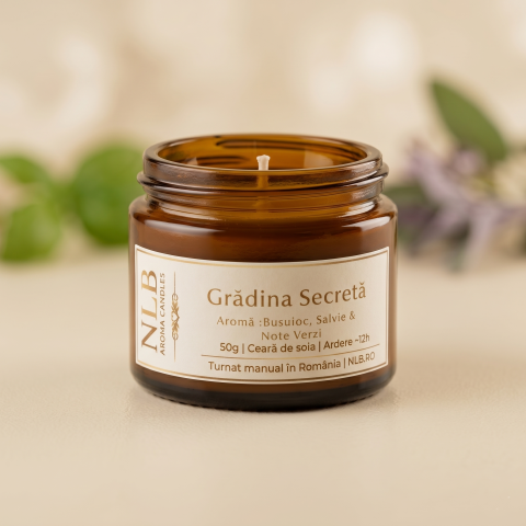 Lumânări din Ceară de Soia - Lumânare Parfumată din Ceară de Soia "Grădina Secretă" - Busuioc, Salvie & Note Verzi, 50g