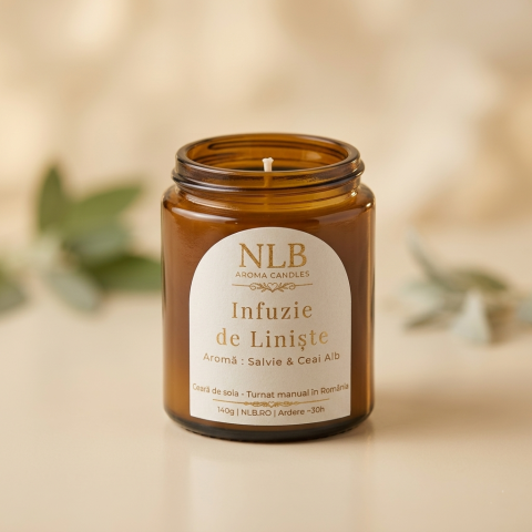 Lumânări din Ceară de Soia - Lumânare Parfumată din Ceară de Soia "Infuzie de Liniște" - Salvie & Ceai Alb, 140g
