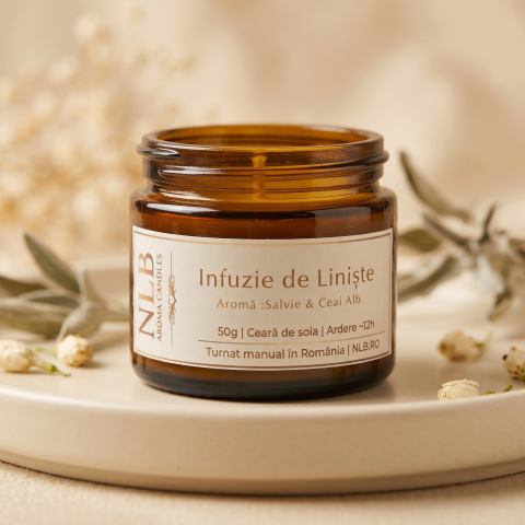 Lumânări din Ceară de Soia - Lumânare Parfumată din Ceară de Soia "Infuzie de Liniște" - Salvie & Ceai Alb, 50g