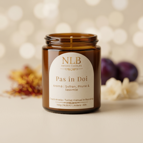 Lumânări din Ceară de Soia - Lumânare Parfumată din Ceară de Soia "Pas în Doi" - Șofran, Prune & Iasomie, 140g