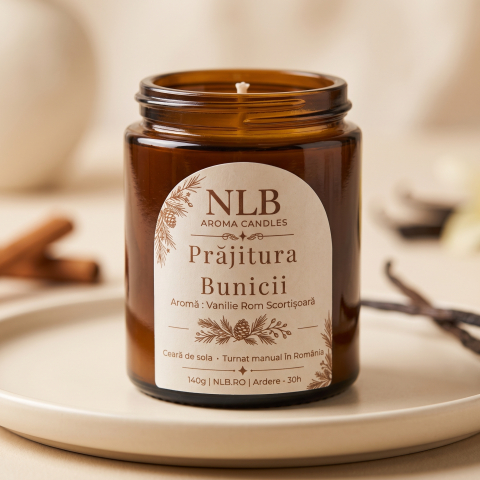 Lumânări din Ceară de Soia - Lumânare Parfumată din Ceară de Soia "Prăjitura Bunicii" - Vanilie, Rom și Scorțișoară, 140g