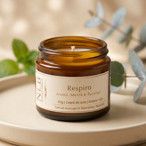 Lumanari Parfumate - Lumânare Parfumată din Ceară de Soia "Respiro" - Mentă & Eucalipt, 50g