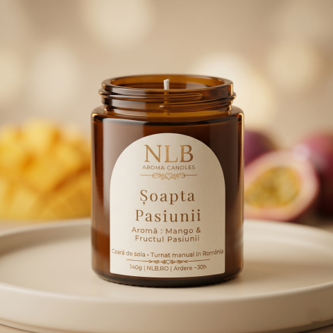 Lumânări din Ceară de Soia - Lumânare Parfumată din Ceară de Soia "Șoapta Pasiunii" - Mango & Fructul Pasiunii, 140g