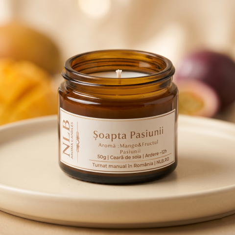 Lumânări din Ceară de Soia - Lumânare Parfumată din Ceară de Soia "Șoapta Pasiunii" - Mango & Fructul Pasiunii, 50g