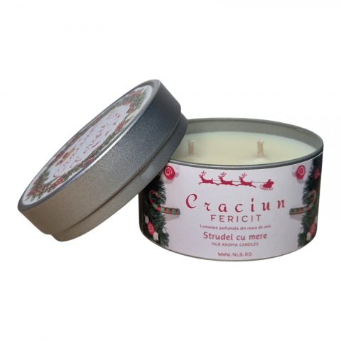 Lumanari Parfumate Handmade - Lumanare Parfumată din Ceară de Soia – Strudel cu Mere, în Cutie Metalică "Crăciun Fericit" 140g