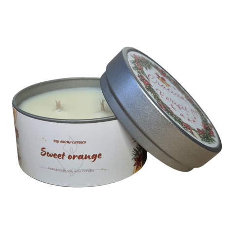 Lumanari Parfumate Handmade - Lumanare Parfumată din Ceară de Soia – Sweet Orange, în Cutie Metalică "Crăciun Fericit" 140g