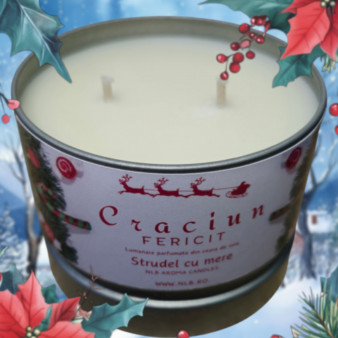 Lumanare Parfumată din Ceară de Soia – Strudel cu Mere, în Cutie Metalică "Crăciun Fericit" 140g [2]
