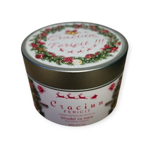 Lumanare Parfumată din Ceară de Soia – Strudel cu Mere, în Cutie Metalică "Crăciun Fericit" 140g [1]
