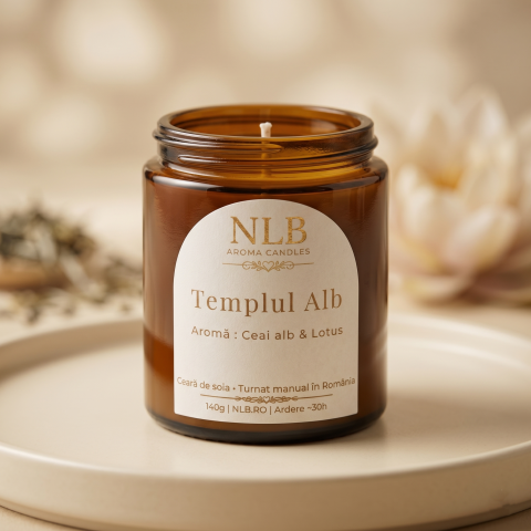 Lumânări din Ceară de Soia - Lumânare Parfumată din Ceară de Soia "Templul Alb" - Ceai Alb & Lotus, 140g