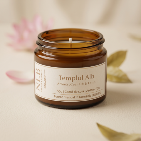 Lumânări din Ceară de Soia - Lumânare Parfumată din Ceară de Soia "Templul Alb" - Ceai alb & Lotus, 50g