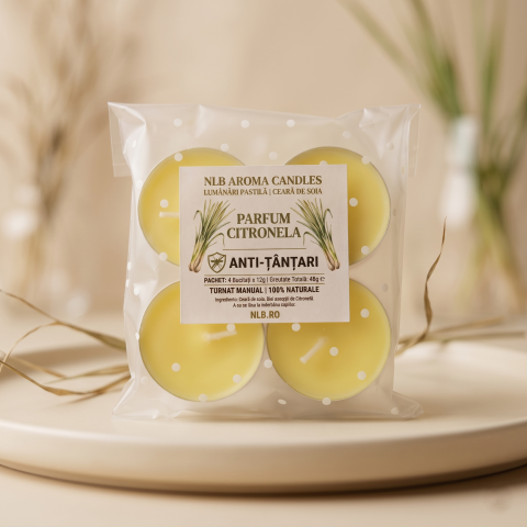 Lumanari Parfumate - Set Lumânări Pastilă din Ceară de Soia "Anti-Țânțari" - Citronela, Set 4 bucăți (60g)