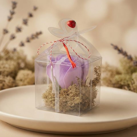 Aranjamente flori sapun - Trandafir mov din săpun pe pat de licheni – Cadou delicat pentru Mărțișor și aniversări