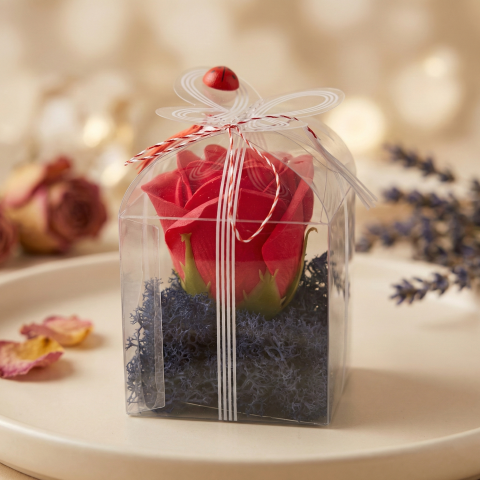 Aranjamente flori sapun - Trandafir roșu din săpun pe pat de licheni – Cadou romantic pentru Mărțișor și aniversări