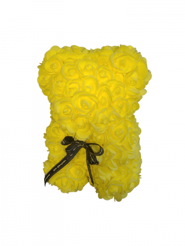 Ursulet din flori trandafiri de sapun, Galben, 25 cm, Handmade, Cutie transparenta [2]