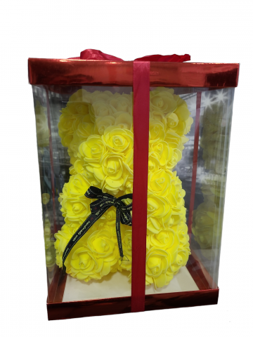 Aranjamente flori sapun - Ursulet din flori trandafiri de sapun, Galben, 25 cm, Handmade, Cutie transparenta