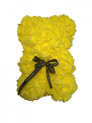 Ursulet din flori trandafiri de sapun, Galben, 25 cm, Handmade, Cutie transparenta [1]