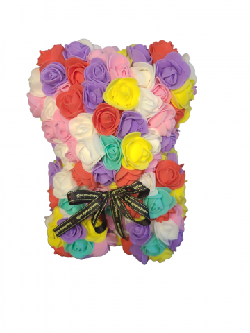 Ursulet din flori trandafiri de sapun, Multicolor, 25 cm, Handmade, Cutie transparenta [2]