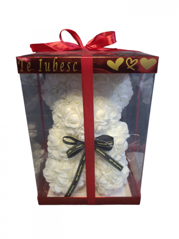 Ursulet din flori trandafiri de sapun,LED, Alb, 25 cm, Handmade, Cutie transparenta "Te Iubesc" [1]