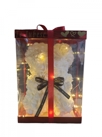 Ursulet din flori trandafiri de sapun,LED, Alb, 25 cm, Handmade, Cutie transparenta "Te Iubesc" [2]
