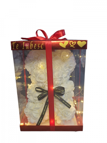 Aranjamente flori sapun - Ursulet din flori trandafiri de sapun,LED, Alb, 25 cm, Handmade, Cutie transparenta "Te Iubesc"