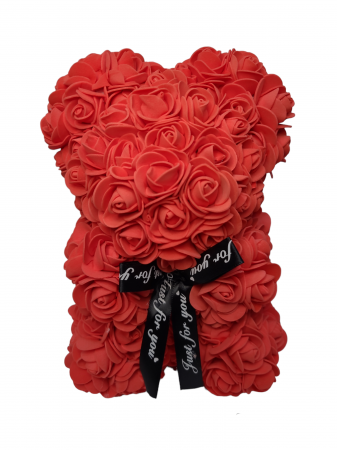 Aranjamente flori sapun - Ursulet din flori trandafiri de sapun rosu 25 cm flelicitare card cadou