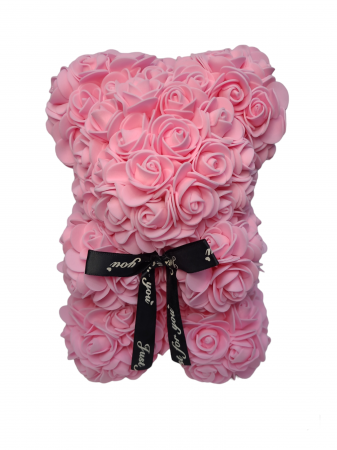 Ursulet din flori trandafiri de sapun roz 25 cm handmade cutie transparenta [0]