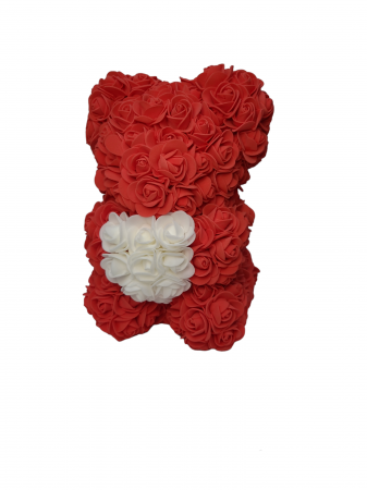 Ursulet din flori trandafiri de sapun rosu si alb 25 cm handmade cutie transparenta [1]