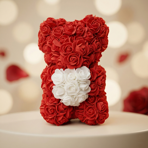 Cadouri pentru Ziua Îndrăgostiților - Ursulet din flori trandafiri de sapun rosu si alb 25 cm handmade cutie transparenta