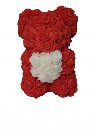 Aranjamente flori sapun - Ursulet din flori trandafiri de sapun rosu si alb 25 cm handmade cutie transparenta
