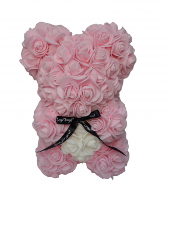Aranjamente flori sapun - Ursulet din flori trandafiri de sapun roz si alb 25 cm handmade cutie transparenta