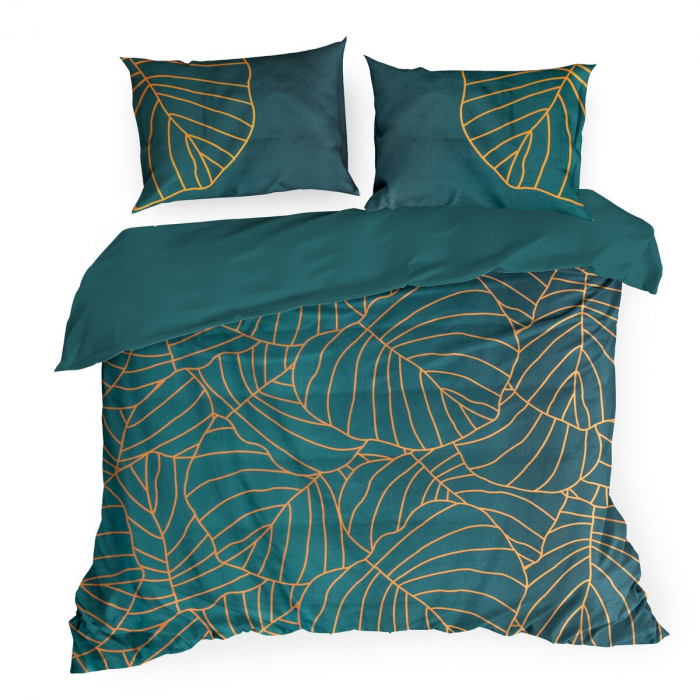Lenjerie Lili 2 din mako-satin de bumbac cu un mare model botanic de frunze, Verde [2]