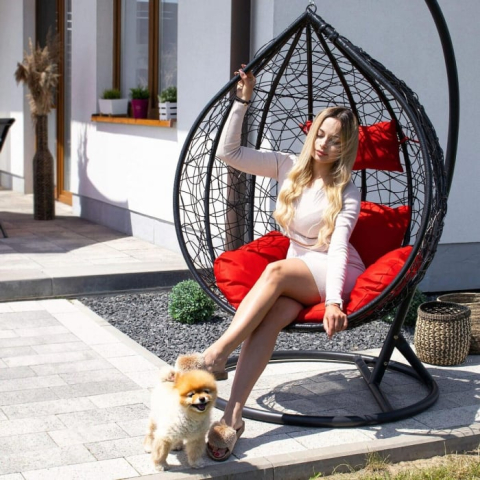 Balansoar tip cuib negru cu pernă roșie pentru terasă și grădină – confort și stil